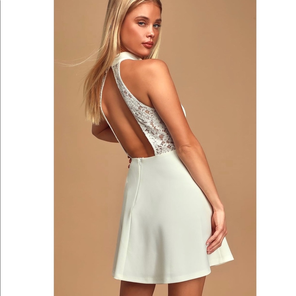 Lulu’s Take a Twirl White Lace Backless Dress